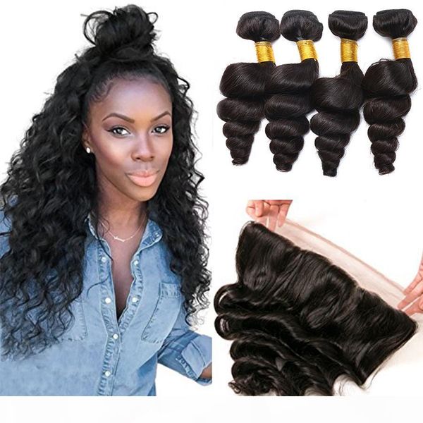 

brazilian loose wave pre plucked lace frontal closure with 4pcs hair bundles 13x4 ear to ear lace frontal 4pcs lot, Black;brown