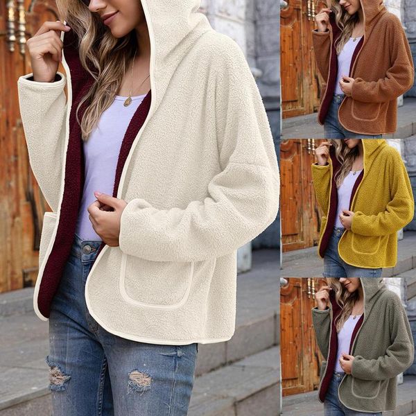 

women jacket autumn winter pockets open front hooded jacket plush warm coat outerwear plus size ladies thick pockets overcoat, Black;brown