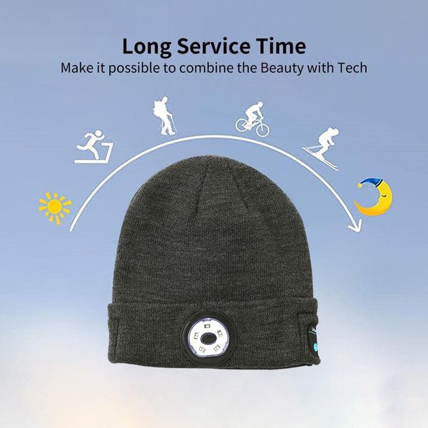 

winter beanie hat wireless bluetooth5.0 smart cap headphone headset with 5 led light handmusic headphone warm cable knitted, Black