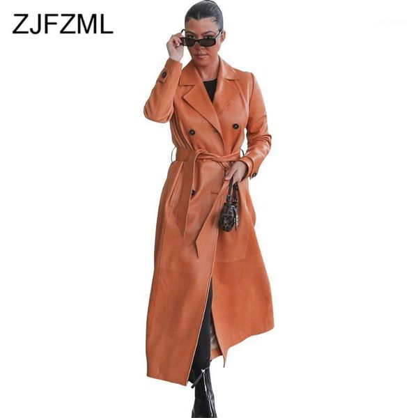 

2021 new fashion fall/autumn winter pu faux leather trench coat simple classic double breasted long sleeve windbreaker with belt1, Tan;black