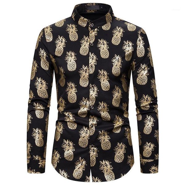 

shiny gold fruit print shirt men hipster long sleeve mandarin collar dress shirt men nightclub party prom shirts chemise homme1, White;black