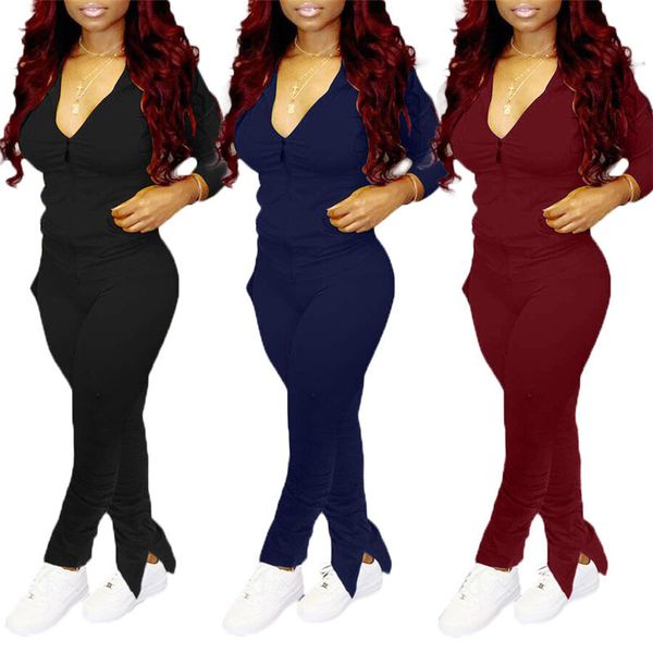 

solid color womens designer tracksuits long sleeve hooded stacked pants 2pcs sets womens spilt 2pcs suits, Gray