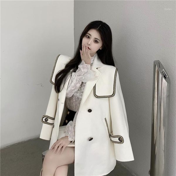 

turndown sailor style woolen coat women loose korean 2020 autumn cute fashion double breasted blends windbreaker chaqueta trench1, Black