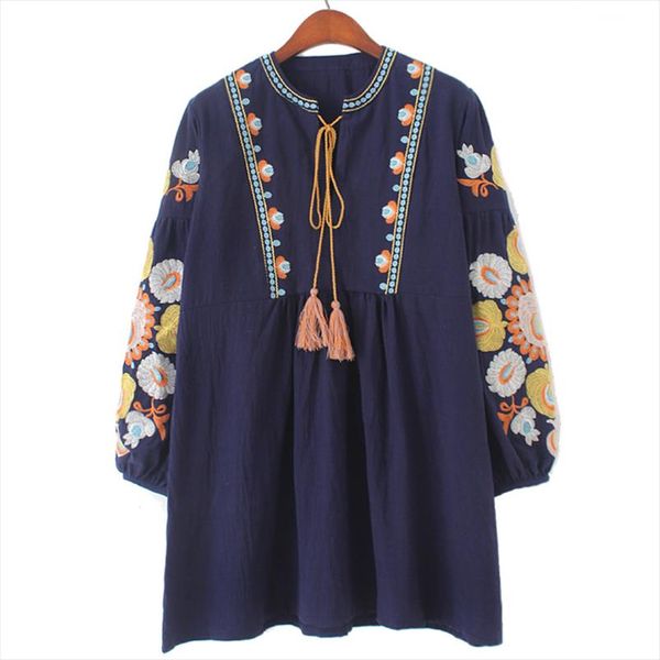 

new cotton with tassel bohemian boho blouses loose pattern wide fit embroidery on sleeve with flowers whole sale, White