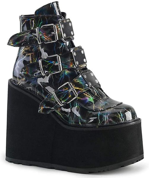 

2021 winter metal buckle ankel boots women punk female platform boots wedges high heels pu women botas mujer plus size, Black