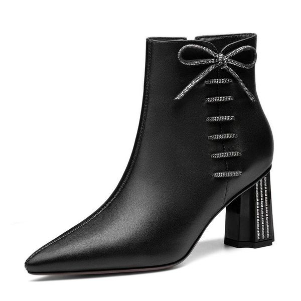

2020 autumn winter genuine leather women ankle boots crystal high heels women pumps basic party office shoes woman, Black