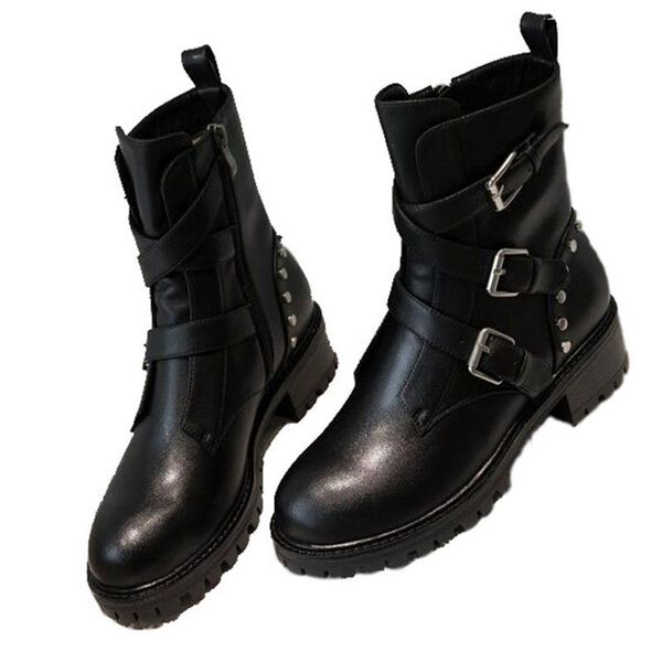 

boots women round toe rivet luxury black high ankle shoes square heel fashion short booties strap botas zapatos mujer
