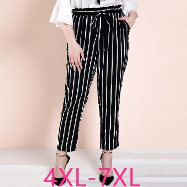 

female summer plus size pencil long pants for women large loose casual elastic waist stripe trousers belt black 4xl 5xl 6xl 7xl, Black;white