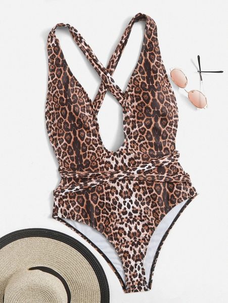 

leopard criss cross plunging one piece swimsuit x1dz#, White;black