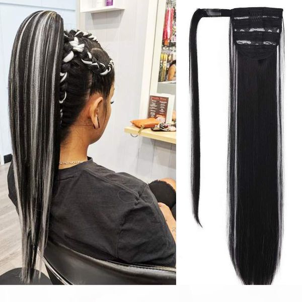 

18" long one piece ponytail straight curly wavy clip in wrap around ombre ponytail hairpieces (18" straight-natrual color to silve, Black