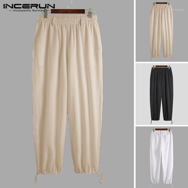 

incerun leisure loose cotton trousers mens wide leg pants men solid color elastic waist pants fashion harajuku pantalones s-5xl1, Black