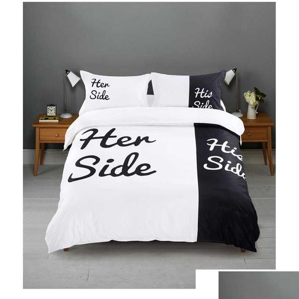 

wholesale- her side/his side 3/4pcs bedding sets couple double bed black&white bed linen couples duvet cover set qu jlluod ladyshome