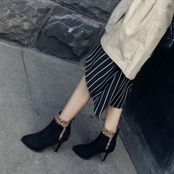 

big size ma'am fine heel short boots pure color pointed boot barrel suede high-heeled boots1, Black