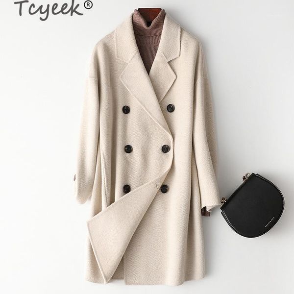 

tcyeek real wool coat female long cashmere jacket women korean double breasted coats 2020 winter clothes autumn overcoat 9870051, Black