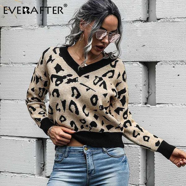 

everafter chic осенью зима основной свитер женские пуловеры v-образным вырезом леопард вязаный тонкий пуловер женский винтаж хаки свитер1, White;black