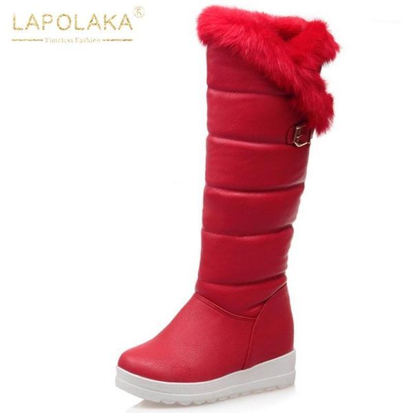

boots lapolaka 2021 fashion warm snow woman shoes slip on platform concise comfy plush trendy black red winter ladies1