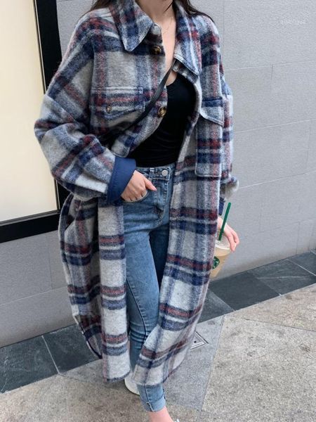

blue plaid trench coat women 2020 spring autumn new casual korean fashion lapel wool over the knee long coat z2201, Tan;black