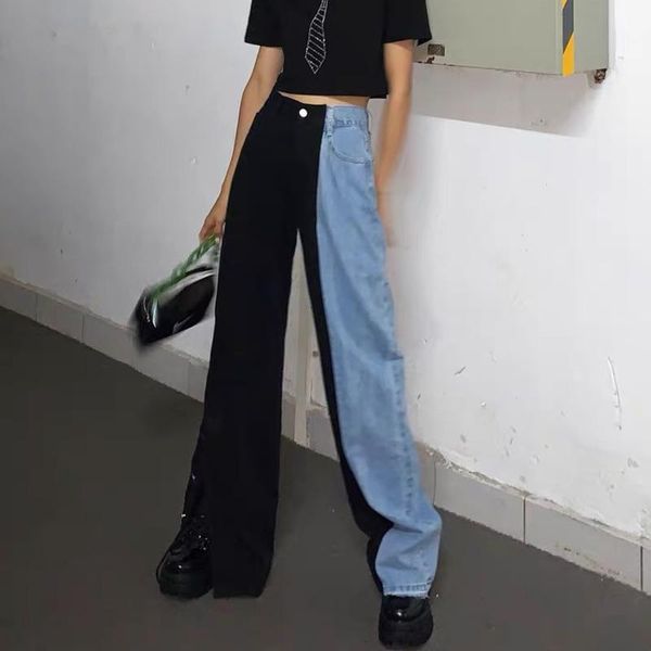 

women's jeans high waist stitching contrast for loose and slim casual wide leg pants women streetwear denim, Blue