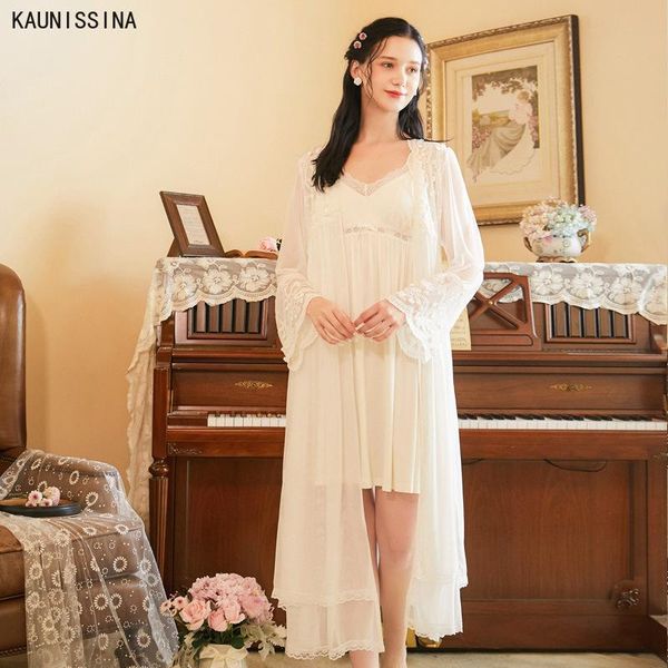 

women autumn spring robe nightgown set woman long lace sleeve sleepwear lace modal robe romantic sweet nightwear ladies suit, Black;red