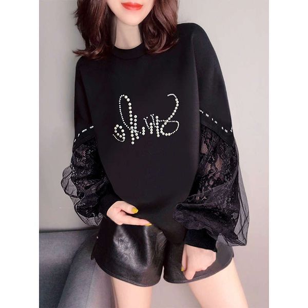 

2sf4bblack pin bead stitching foreign style lace long sleeve sweater women's autumn / winter 2020 new european fashion, Black