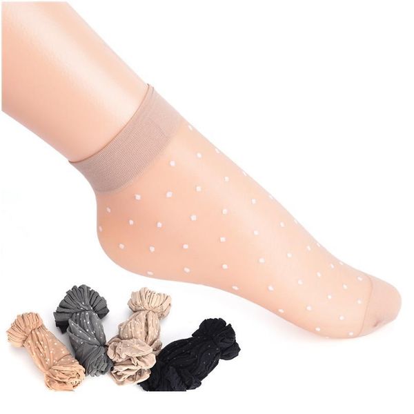 

10 pair breathable summer skin socks pure color dots women girls nylon socks elastic ultra-thin transparent sho bbycyk, Black