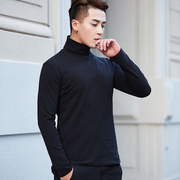 

2021 brand new autumn men's t-shirt high-collar bottom self-cultivation t-shirt for male pure long sleeve t-shirt, White;black