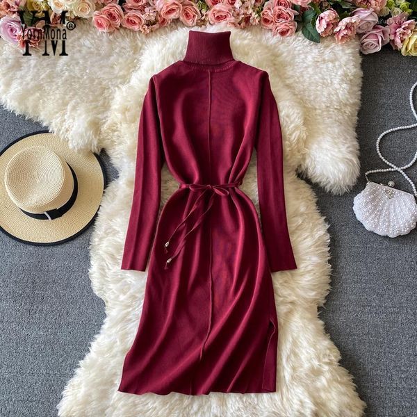 

yornmona sweater dress women turtleneck casual winter pullover dress basic all match side split knitted sweater vestidos1, Black;gray