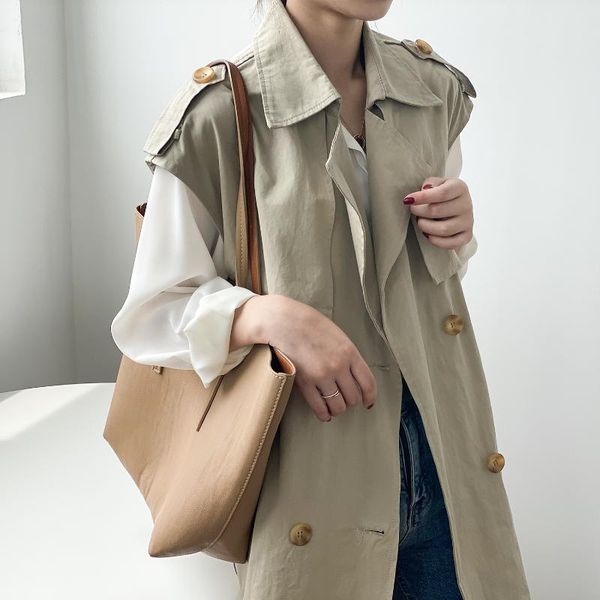 

2020 autumn spring women fashion coat mid-length windbreaker female new korean chic loose sleeveless vest casual jacket, Tan;black