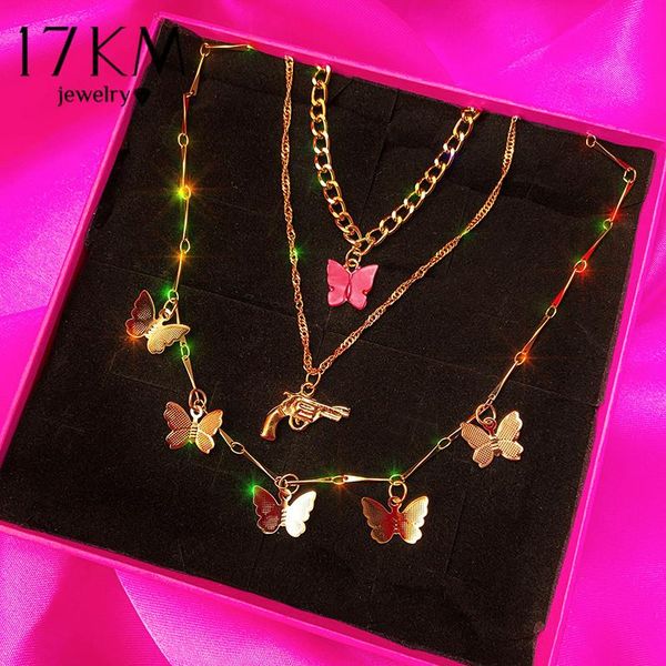 

17km trendy multilayered butterfly chain necklace for women gold fashion pink pistal pendant chain necklaces jewelry, Silver