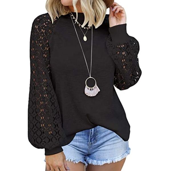 

women's blouses & shirts lace patchwork long lantern sleeve hollow out female blouse 2021 autumn fashion streetwear casual ladies, White