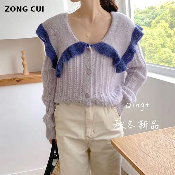 

korean version of ruffle big lapel mohair sweater fashion lovely shawl collar long sleeve single breasted purple sweater cardiga1, White