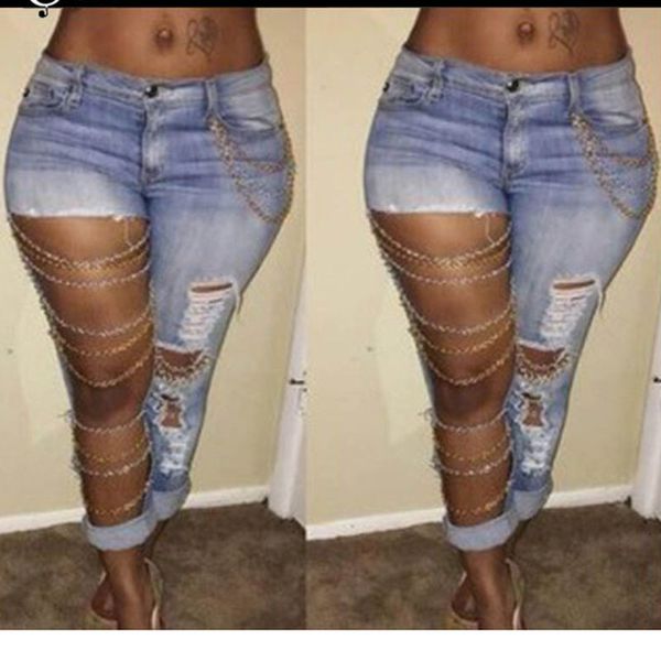

exaggerated big hole jeans women's chain hanging elastic leggings, Blue