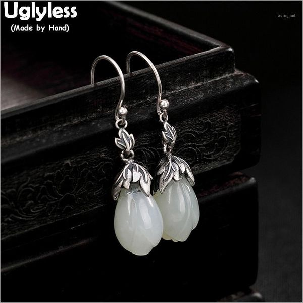 

uglyless 100% real solid 925 sterling silver leaf earrings for women thai silver flower earrings nature jade magnolia fine jewel1