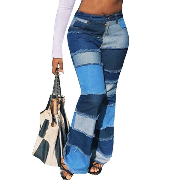

patchwork high waist flare jeans with pockets streetwear trousers bell bottoms skinny patchwork denim jean pants y1214, Blue