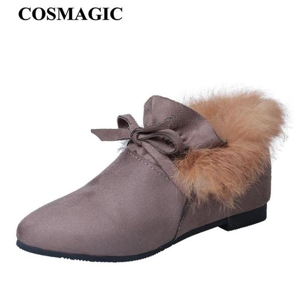 

cosmagic 2020 new winter women ankle boots nubuck leather pointed toe faux fur platforms short botas mujer flat with, Black