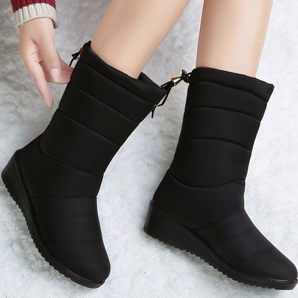 

botas inverno femininos neve meados bezerro cunhas sapatos de pele quente femininas prova dwaterproof gua, Black