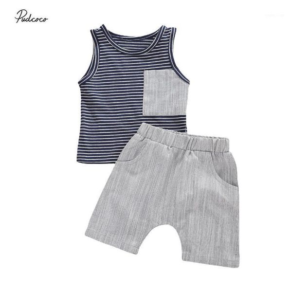 

2020 1-6y soft cotton todder baby boy clothes casual 2pcs striped print patch sleeveless vest+shorts casual outfits1, White