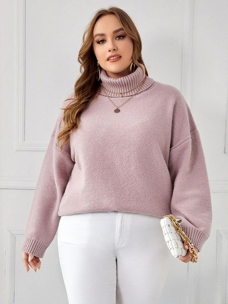 

plus turtleneck drop shoulder sweater m3zf#, Black