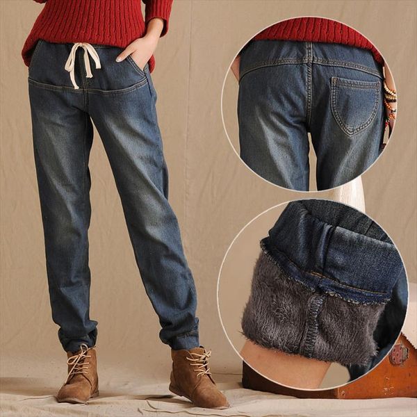 

elastic waist winter jeans pants loose womens harem pants trousers plus thick velvet warm straight denim jeans leggings c1505, Blue