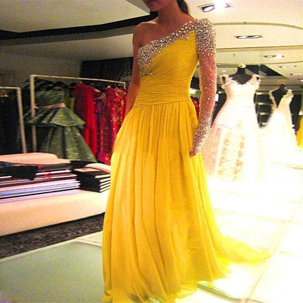 

yellow chiffon one long sleeve prom dresses with beaded sequins evening party gowns sweep train a line formal womens dress, Black