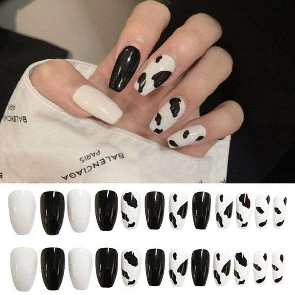 

cow print fake nails black white coffin black spots false nail uv design gel french cute summer fake nails, Red;gold