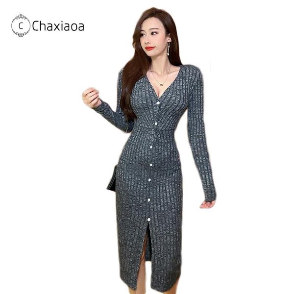 

chaxiaoa fashion women long sleeve sweaters slit long style knitted dresses party club skirt slim deep v-neck dress x429, Black;gray