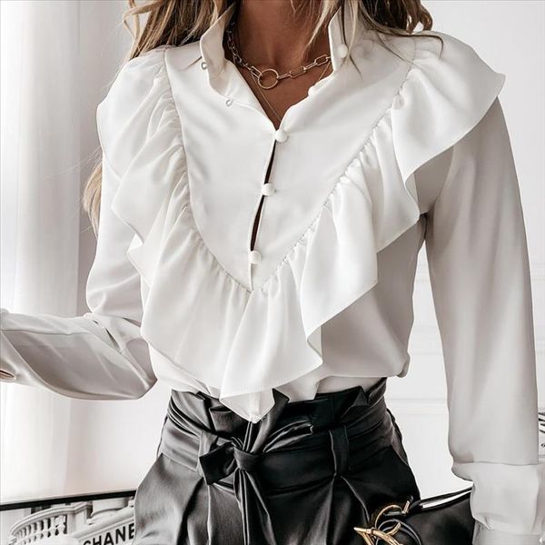 

women elegant v neck ruffle dot print long sleeve blouse office pullover shirt casual shirt lapel neck blouse work shirt, White