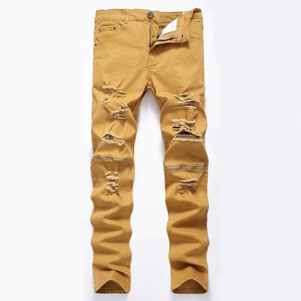 

hip hop street jeans men's stretch khaki casual trousers with double zipper front decoration slim fit ripped denim pants, Blue