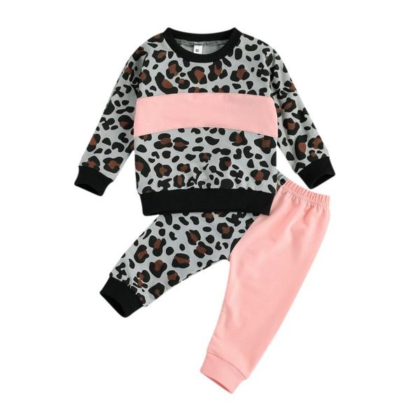 

spring autumn girl's two piece set, children's leopard printed color block crew neck long sleeve pullover pants set for infants, White