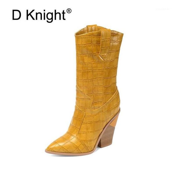 

boots fashion embossed comfortable leather women pointed toe western cowboy mid-calf chunky wedges runway shoe1, Black