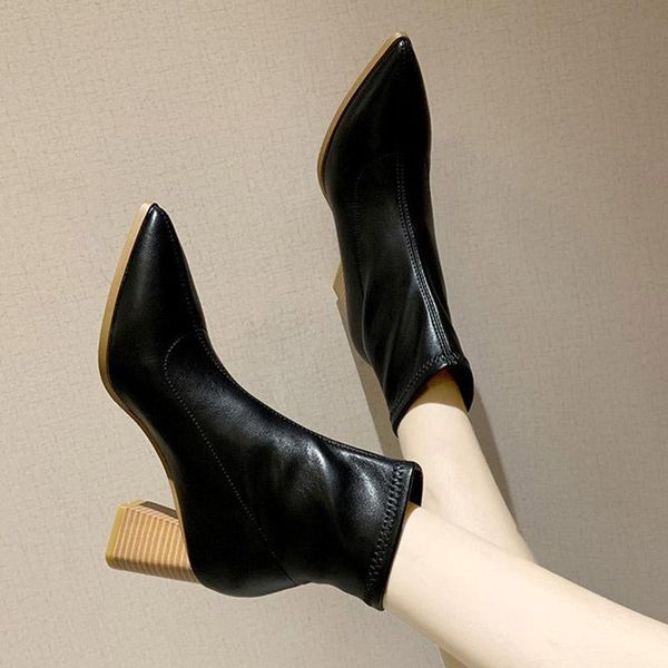 

stretch fabric women boots high heels dress shoes pointed toe pumps square heel fashion booties 2020 new black botas mujer 8602n