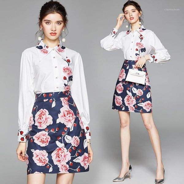 

summer runway 2 piece womens ladies set vintage rose flowers print collar long sleeve shirt blouse mini skirt suits outfits1, White
