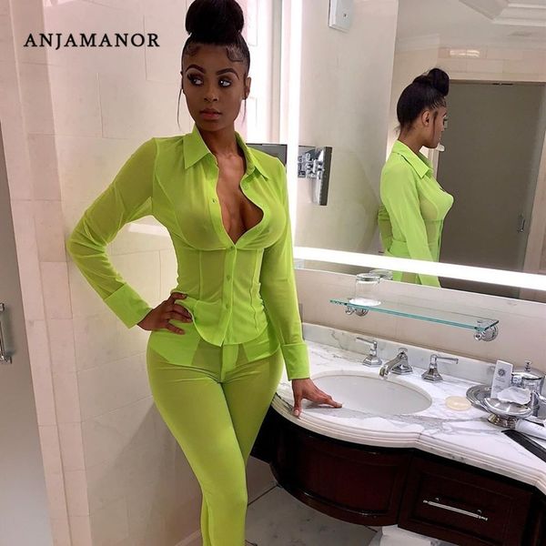 

anjamanor neon green mesh two piece set and pants matching sets autumn women clothes sets club outfits d30-af31 y200110, White
