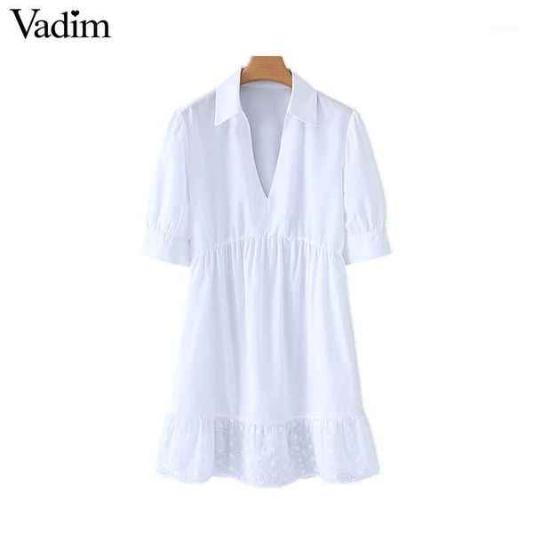 

vadim women white v neck mini dress embroidery hollow out half sleeve elegant female casual office wear dresses qb6991, Black;gray